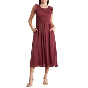 MELLODAY• Sleeveless Smocked Bodice Midi Dress | Burgundy | Medium l